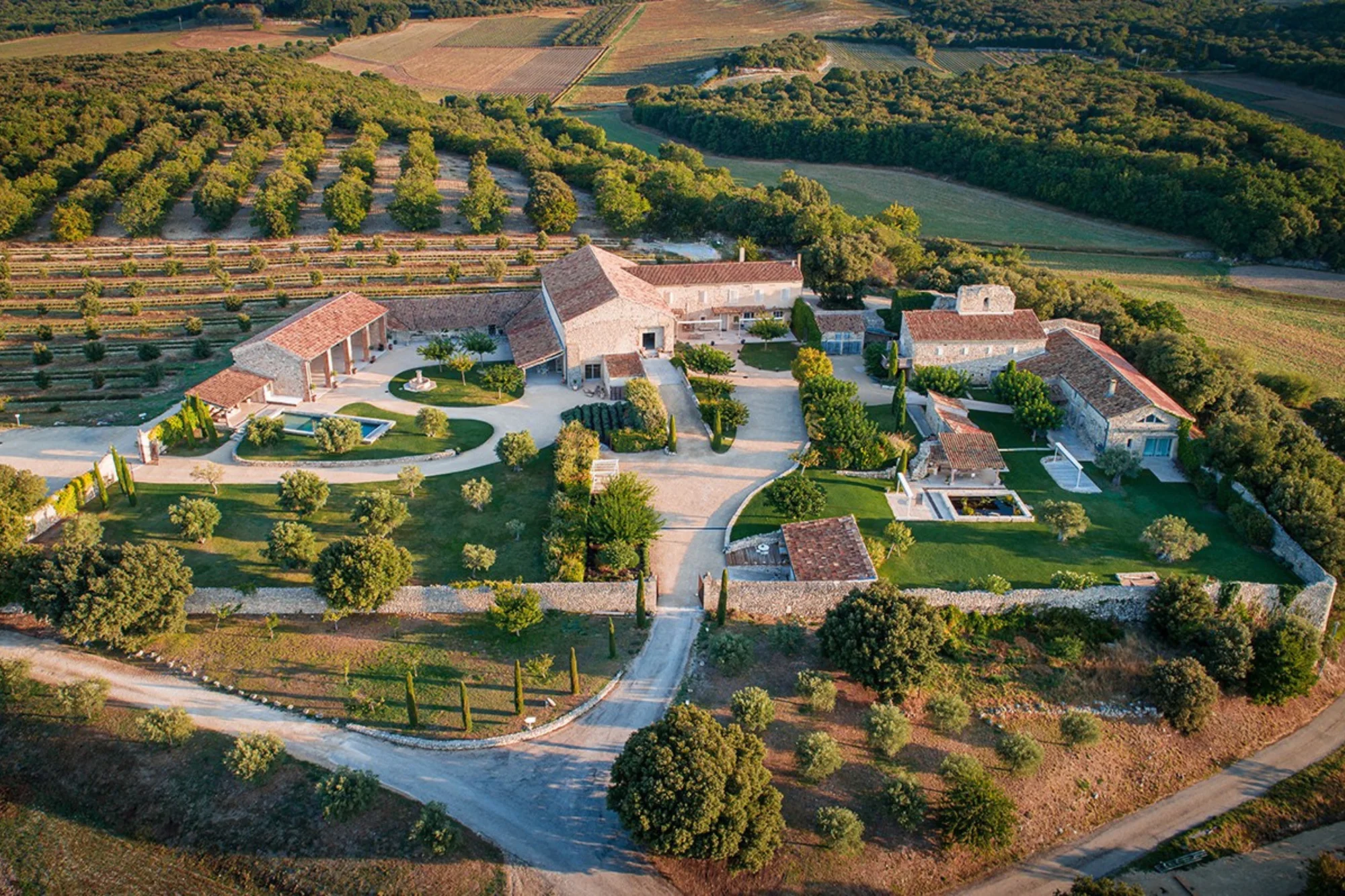 Aerial view of the Les Terres de Sarson estate in the Drôme Provençale region
