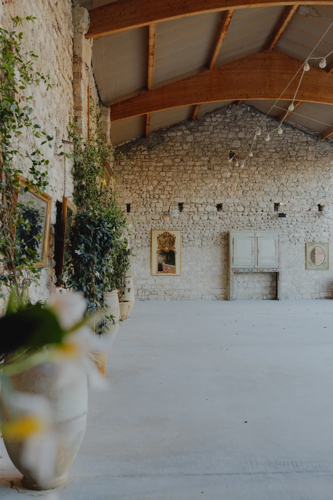 Interior of the stone barn converted into a reception hall