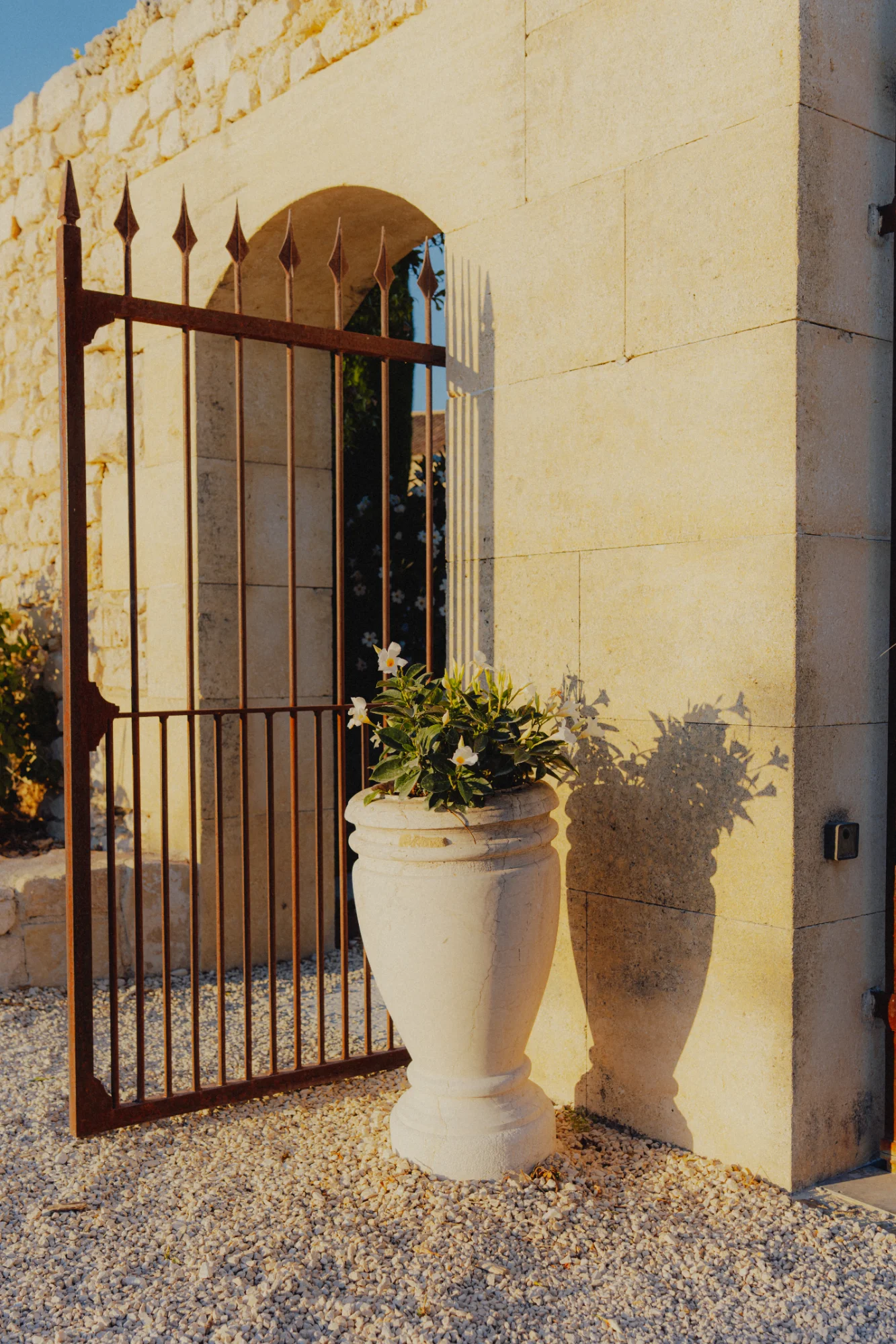 Wrought iron gate at the entrance to the private estate